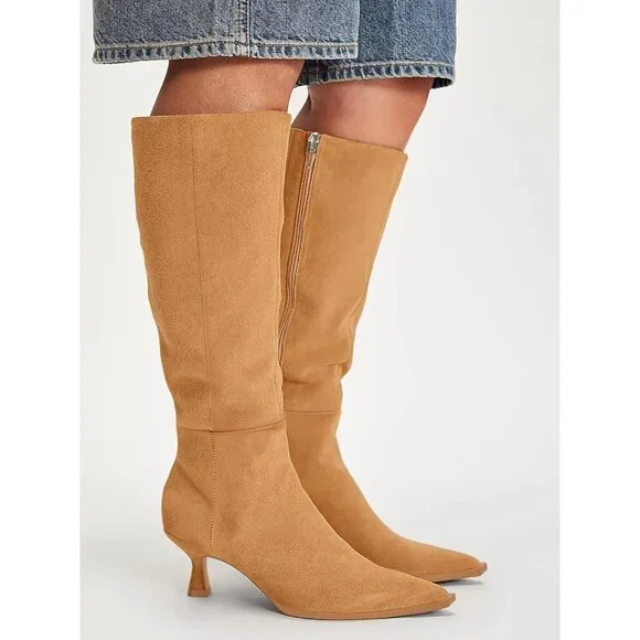 ⚡Women's Khaki Knee High Boots Kitten Low Heel Pointed Toe Leather Side Zipper